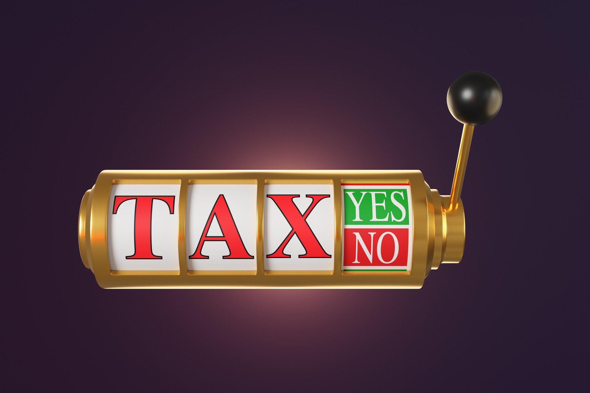 Golden casino slot machine with a pull handle showing the word TAX and an option of YES and NO in purple background. Illustration of the concept of taxable items, taxation and tax policies